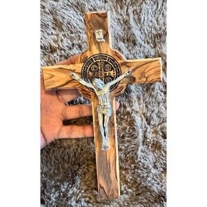 Cross Wall Saint St Benedict Olive Wood Hand Made Holy Land Jerusalem 8”x5”